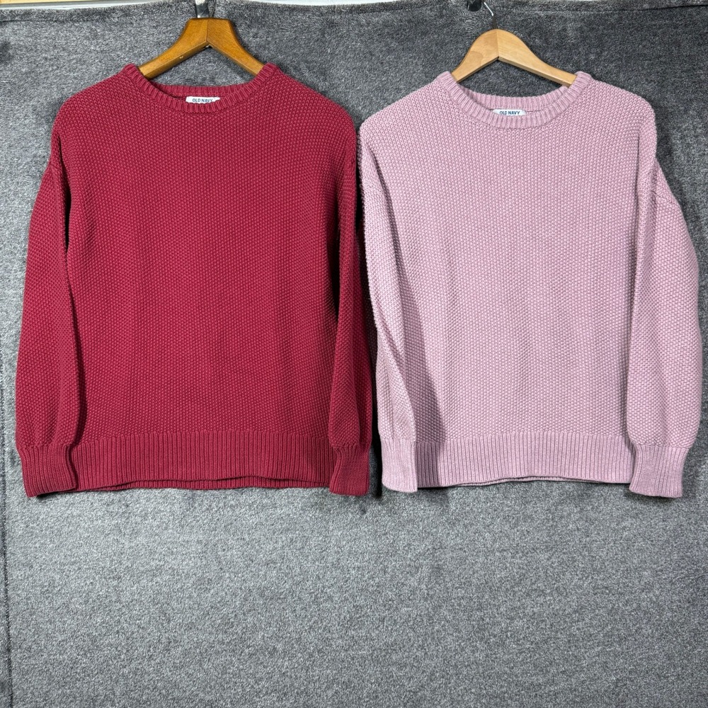 Lot of 2 Old Navy Women Shaker Stitch Cotton Sweaters Burgundy Pink Small